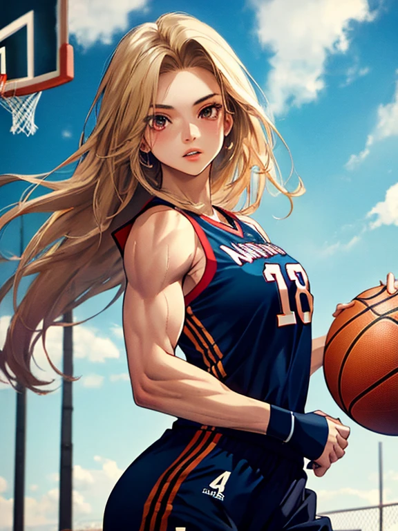 muscle, Beauty, Basketball player, Athlete, android１８Number, (masterpiece), highest quality, 1girl, uhd, retina, masterpiece, ccurate, anatomically correct, textured skin, super detail, high details, high quality, best quality, highres, 4K