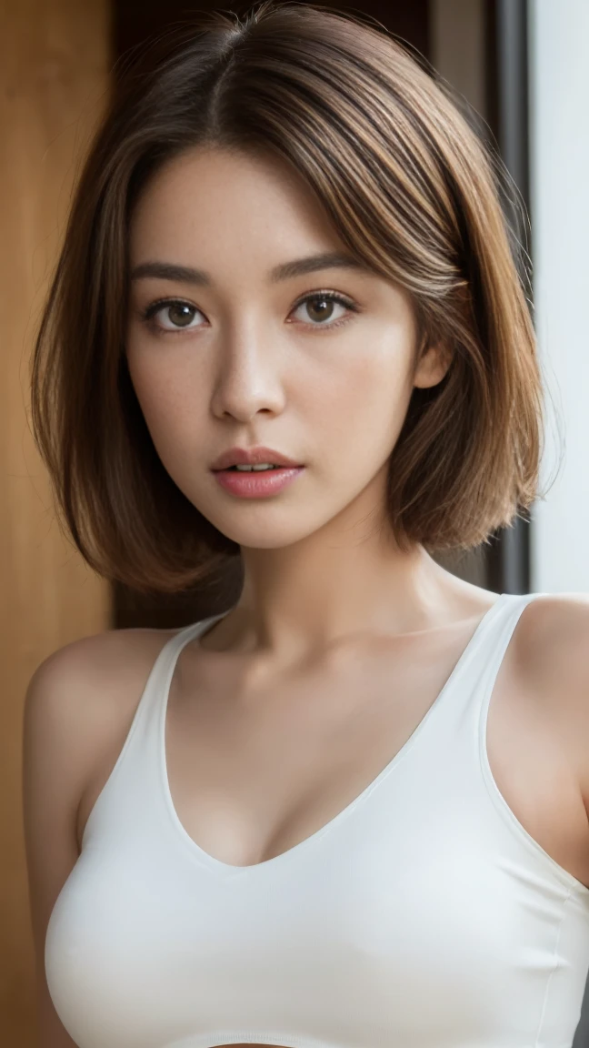 ((Realistic lighting, Highest quality, 8K, masterpiece: 1.3)), Clear focus: 1.2, One Girl, Perfect figure: 1.4, Slim Abs: 1.1, ((Dark brown hair)), (White Crop Top: 1.4), (indoor, noon: 1.1), street, Highly detailed face, Beautiful Eyes, double eyelid,short hair,The Beauty of Japan,