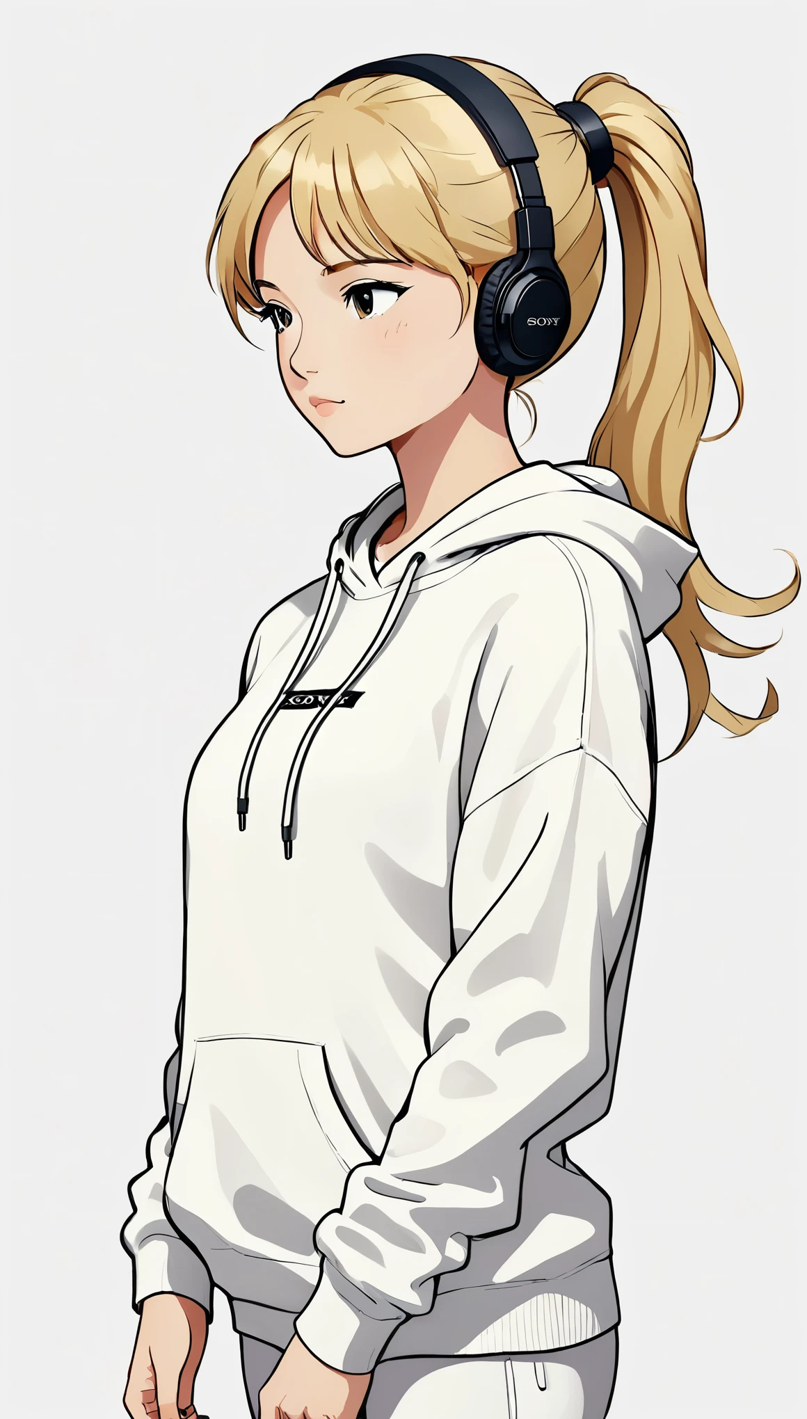 Headphones、Sony、Blonde、ponytail、White hoodie、Upper Body、Simple Background、Girl、