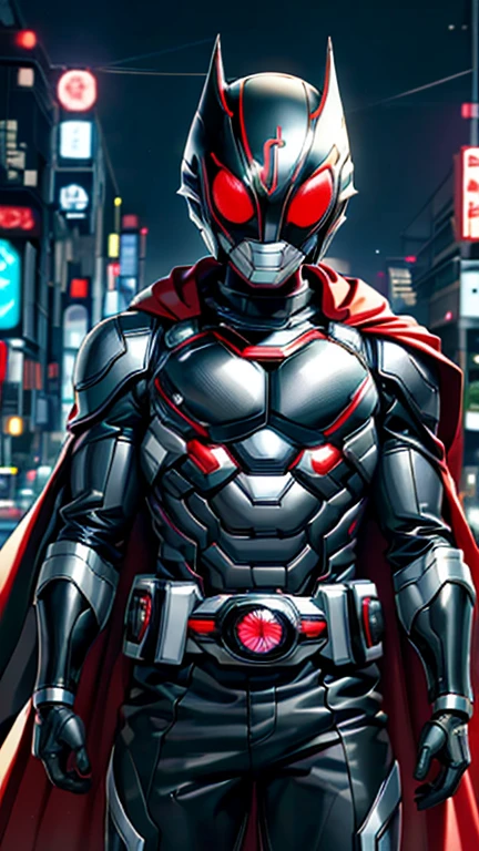 (8k),(masterpiece),(Japanese),(8-year-old boy),((innocent look)),((Childish)),From the front,smile,cute,Innocent,Kind eyes,Flat chest,black helmet,black domino mask,Red cape,Thor, short,Black Hair,Strong wind,night,dark, Neon light cyberpunk city,Kamen rider,camisa