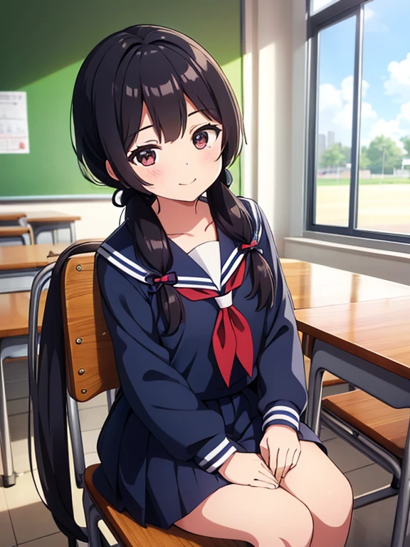 1girl, sitting, gentle smile, 15yo, students,
classroom, indoors, school chair, school desk,
(low twintails), low pigtails, black hair, very long hair,
serafuku with blue ribbon, navy-blue collar,
(dark brown eye),
school,
afternoon, summer,
from front,
anime, high brightness, detailed face, detailed eyes,
(high quality, ultra detailed, masterpiece, FHD)