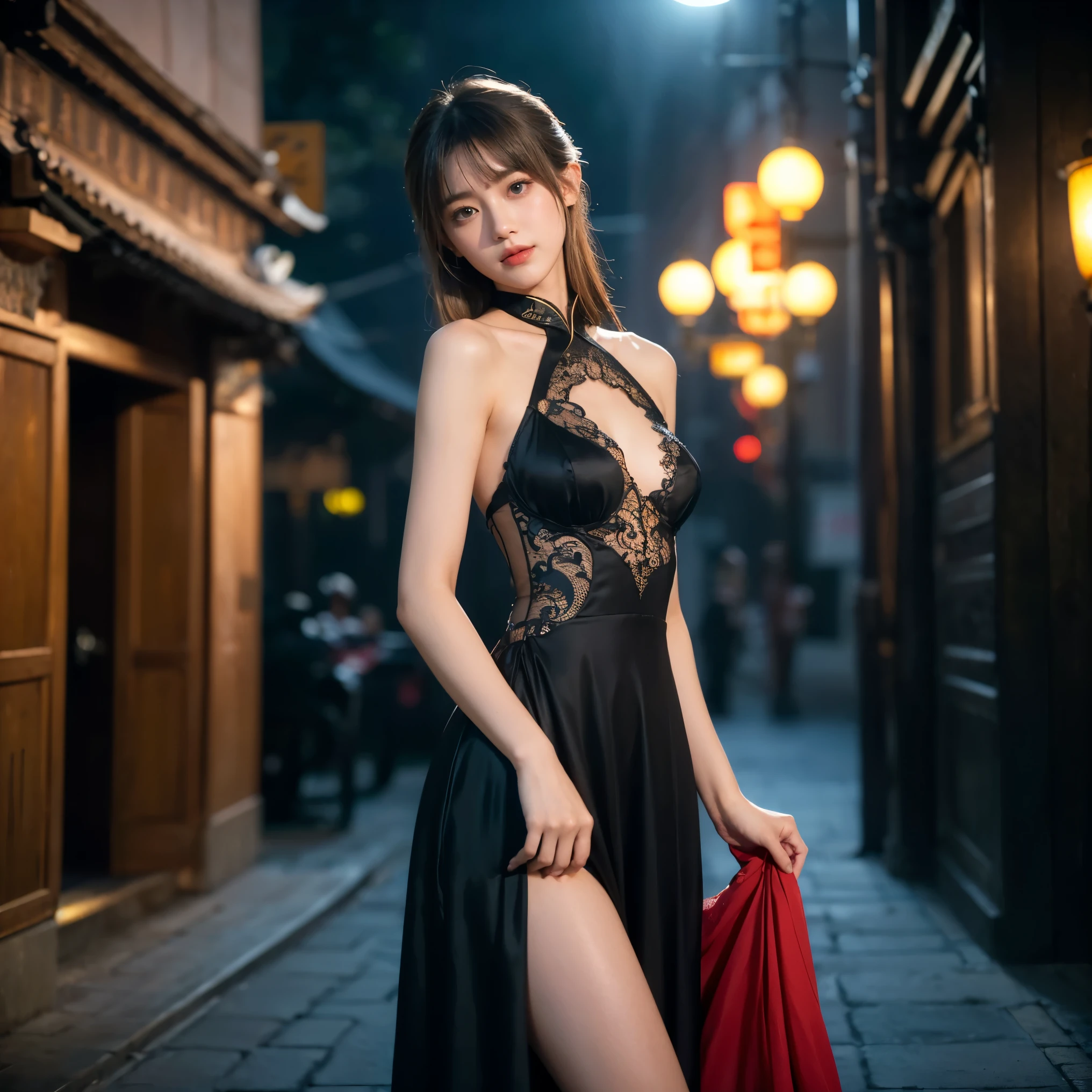 (night, Soft lighting, Highest quality, 8K, masterpiece, RAW Photos, Angle from below:1.3), Technoir, Smile mischievously, Artistically refined, Realistic visuals, Breathtaking beauty, Diffused, natural skin glow, Floating Medium Hair, bangs, (Black Chinese Dress:1.2), Candid, zwd, ,mysterious, Beautiful Girl Fantasy, Red colored eyes, , Narrow eyes, Symmetrical eyes, (Highlight Color Hair) , Super detailed, Intricate details, Highly detailed face and skin tones, The body is slim, Full Body Tattoo, Fine grain, Realistic,, intellectual, Fascinating, Beautiful standing posture, Slim legs, Small breasts, Medieval European streets, nightの街