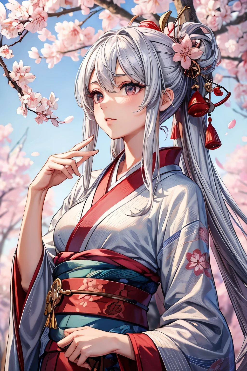 masterpiece,Highest quality,Very detailed,A beautiful girl with silver hair looking up at the sky,Beautiful and detailed eyes,Beautiful red kimono,skinny,Small breasts,cherry blossoms