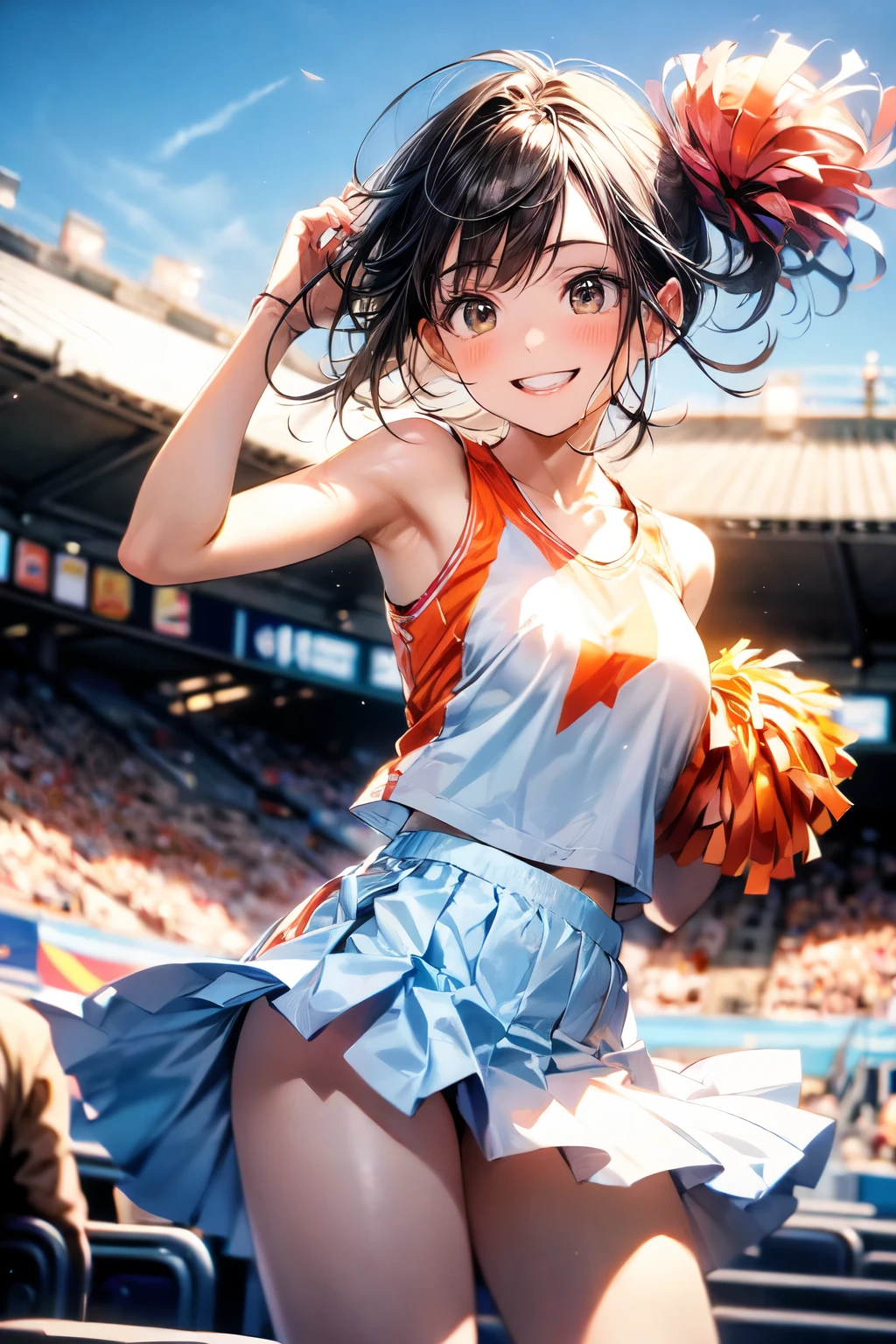 very cute and beautiful cheerleader girl,(highly detailed beautiful face),(holding pom poms:1.1),(smile:1.3),happy,
(stadium stands),cowboy shot,dynamic pose,(sleeveless orange cheerleader shirt),beautiful legs,
looking at viewer,black hair,hair band,
(best quality,masterpiece),absurdres,highres,ultra-detailed,extremely detailed,32k,8k resolution,
intricate details,cinematic scene,detailed background,solo,dynamic angle, hair fluttering in the wind,beautiful detailed sky,
