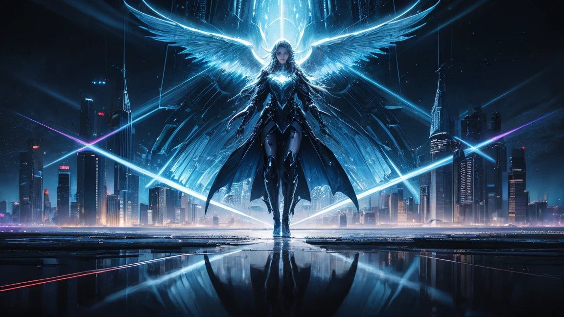 ((masterpiece, Highest quality, Best image quality, High resolution)) One giant angel、Large, shining white wings、Glowing halo、Holding a big sword、Cyberface。Wearing a flowing ethereal robe、god々Shining with a bright light。Glowing blue eyes and advanced cybernetic enhancements. Seen in dynamic action poses, reflection on a smooth surface. The cityscape below is filled with towering skyscrapers., illuminated by colorful holographic advertisements, Shining with blue energy, Mighty power. The overall atmosphere is dark and mysterious., It had a futuristic techno vibe.. The lighting is dramatic, Intense highlights and deep shadows, Creates depth and tension