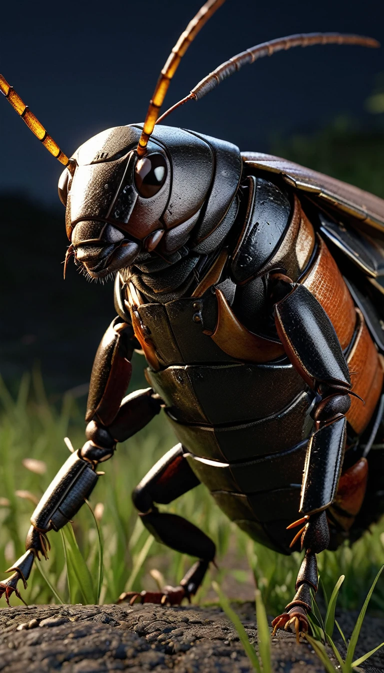 masterpiece, (Super detailed), (Animal anthropomorphism),cockroach, good looking, Japanese Armor,knife、 Dim lighting, cigarette, Shadow, Night grassland battlefield, Highest quality, Single Focus, (skimming: 1.1), Muscular man, whole body, Complex (High detail: 1.1) Unreal Engine.multiple、