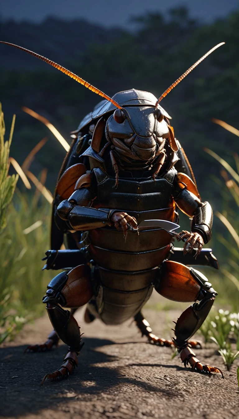 masterpiece, (Super detailed), (Animal anthropomorphism),cockroach, good looking, Japanese Armor,knife、 Dim lighting, cigarette, Shadow, Night grassland battlefield, Highest quality, Single Focus, (skimming: 1.1), Muscular man, whole body, Complex (High detail: 1.1) Unreal Engine.multiple、