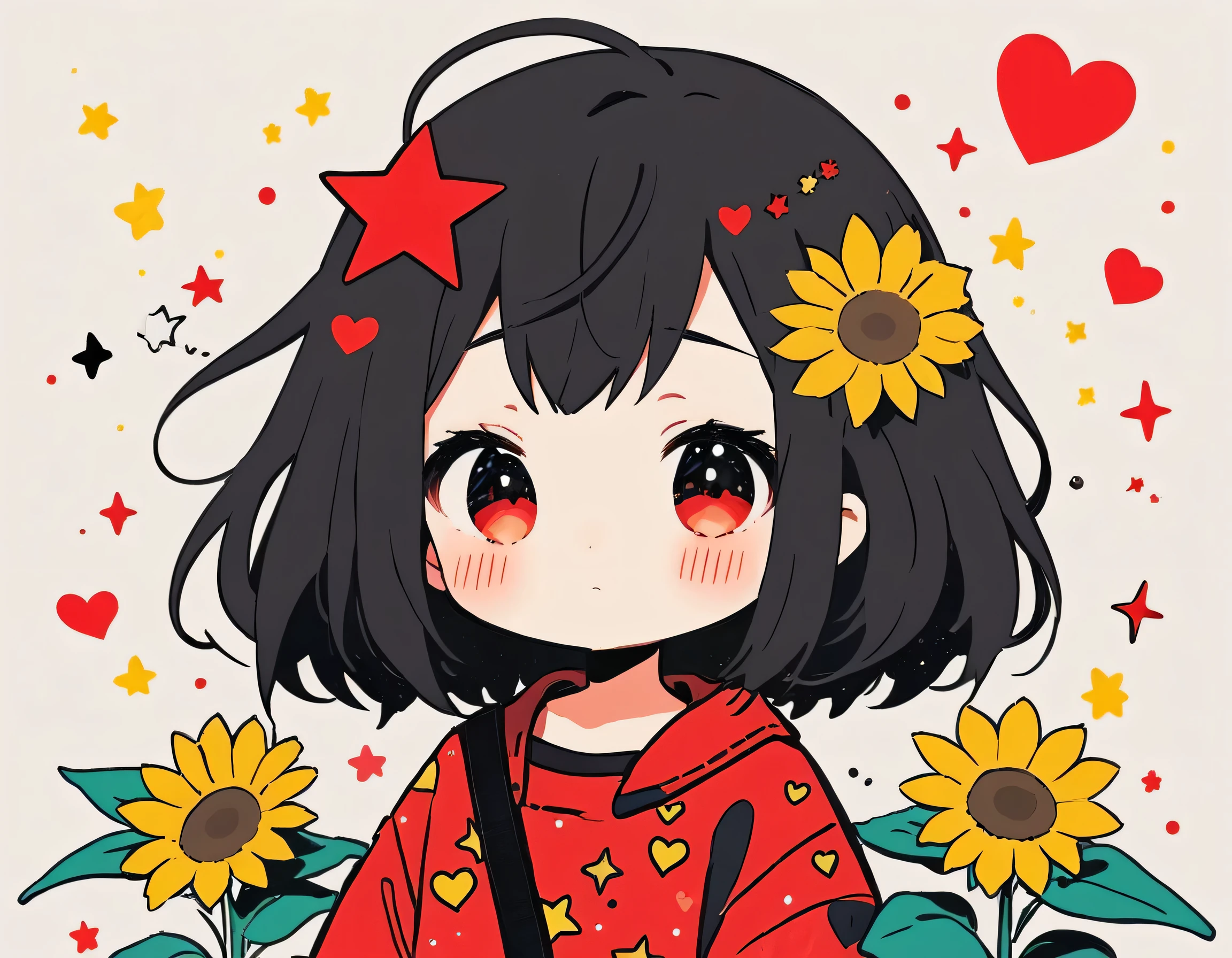 Black Star Red and White style, Simple Line Initialism，Abstract art，Kawaii Design, The most beautiful girl of all time、chibi, The background is star dust, colorful hearts, sunflowers, 