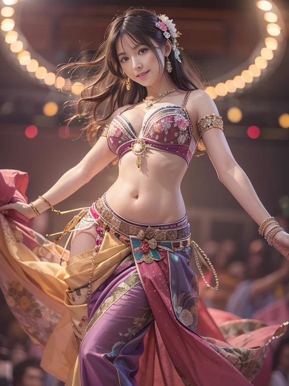 Photo-realistic quality、A Japanese idol performing belly dancing on stage in a sheer dress,Wearing a belly dance costume, She is dressed as a belly dancer, gracefully belly dance pose, Full Body Shot, Beautiful skinny Japanese model、the waist is thin and constricted,、Detailed and beautiful eyes、Cute smile、A soft and gentle look、looking at the camera、Dancing alone on stage