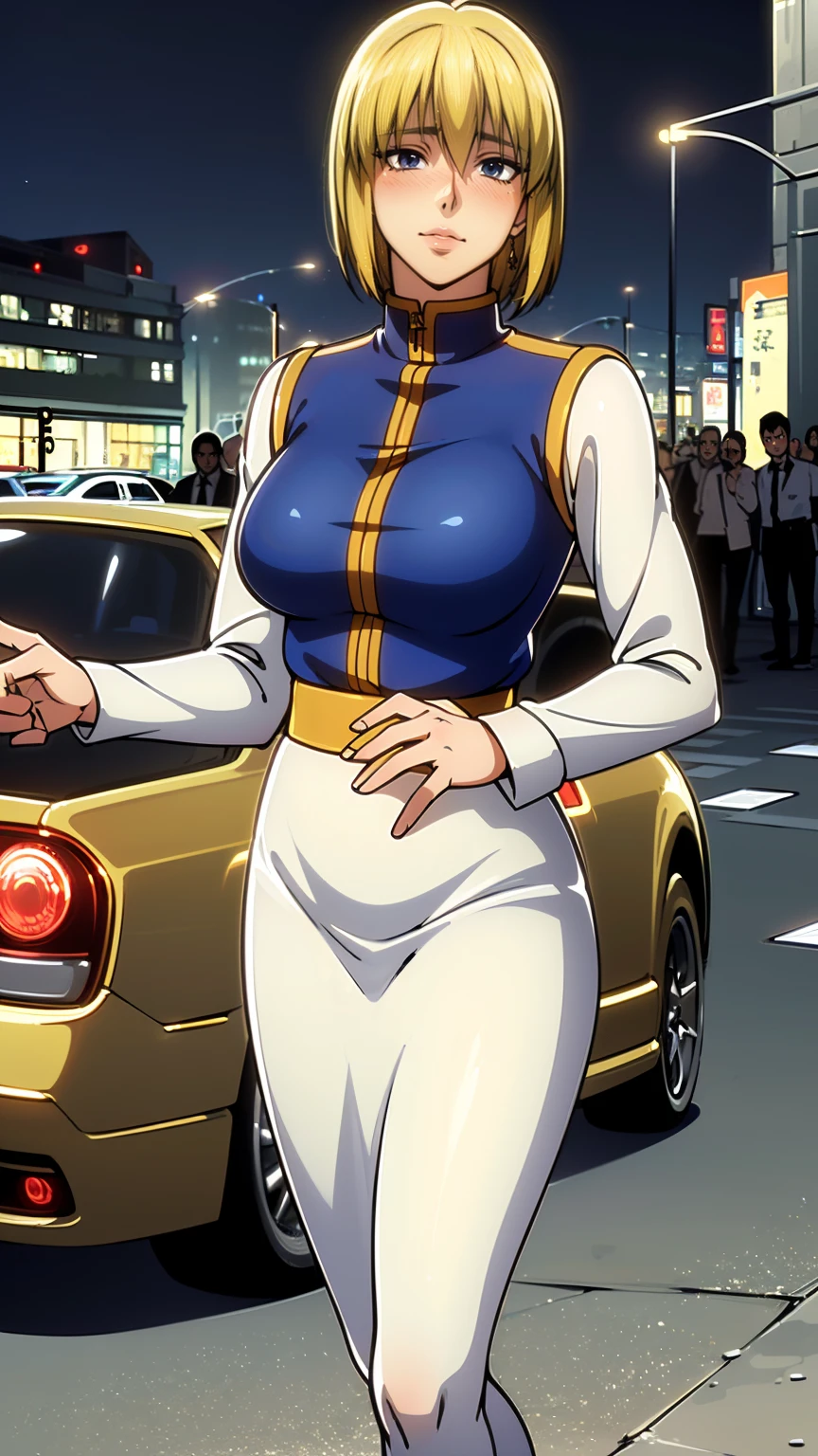 Turn your face and look straight ahead, Beautiful busty woman standing facing the front, (standing proud:1.4), (cowboy shot:1.2), (High Resolution), (Very Detailed), (Best Photo), (Best Quality), (Ultra Detailed), (​masterpiece:1.5), very precise details,(Ultra High Resolution:1.4), the Extremely Detailed CG Unity 8K Wallpapers, highest quality, hight resolution, (Realistic, Photorealsitic, hyper realisitic:1.5), (Curve, Model, Farbe care:1.5), Farbe_aberration, the light shines on your face,  profetional lighting, anime styled,(Detailed Face), (Beautiful Detailed Eyes), Beautiful breasts, beautiful detailed shadow,  Beautiful body, Beautiful skin, beautifull hands, Details of the face and clothes,(Ultra-detailed face, Detailed eyes:1.4), (Aesthetic Anime Eyes:1.4), (Light from the front :1.4), (shiny oiled skin: 1.4), (1girl in:1.4),(Solo:1.4), (Mature face and body),  (city center:1.3), (tokyo:1.2), highrise buildings, daylight, on the street, cars, (Beautiful cute face), (beautiful female lips), Charming, ((aroused expression)), looks at the camera with a gentle smile, earrings glossy lips, (juicy female lips), perfect female body, Beautiful waist, beautiful long eyelashes , put hands on the hip, 30year old, mature female, Kurapika, 1girl, ((scarlet eyes)), blonde hair, ((bob hair)), flowing hair, fluttering hair,  long legs, huge breasts, long breasts, saggy breasts, hips wider than shoulders, wide hips, pelvic curtain, beautiful thighs, thick thighs, ((chains from hands)), ((blue tabard)), ((gold trim)),((yellow waistband)), ((yellow waist belt)), white shirt, long sleeves, puffy sleeves, white pants, (blue very long skirt), blue clothes, (pantyhose:1.3), brown pantyhose, black high heels, pumps, hide breasts, full body,
Stinking eyes