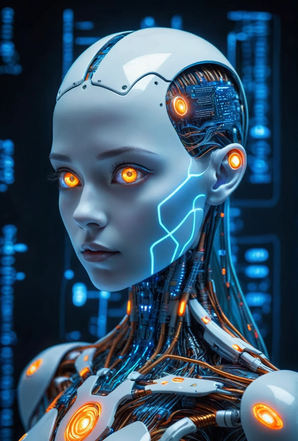 a close up of a robot with glowing eyes and a circuit, head to right, looking directly at us, strong artificial intelligence, cyborg - girl, cyborg girl, intricate transhuman, the coming ai singularity, integrated synthetic android, evil artificial intelligence, portrait of a female android, artificial intelligence!!, perfect android girl, beutiful girl cyborg, artificial intelligence princess, cyberpunk transhumanist, cyborg woman