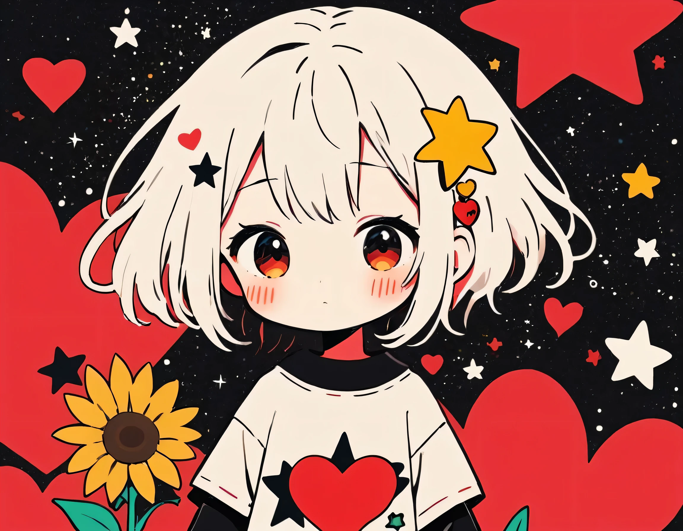 Black Star Red and White style, Simple Line Initialism,Abstract art,Kawaii Design, The most beautiful girl of all time、chibi, The background is star dust, colorful hearts, sunflowers,