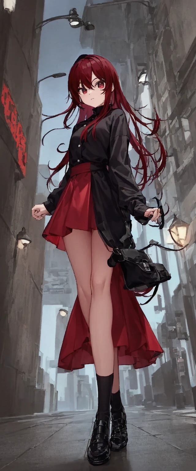 cool, standing, red and black clothes, looking at viewer, outdoors, mid night, street lamps