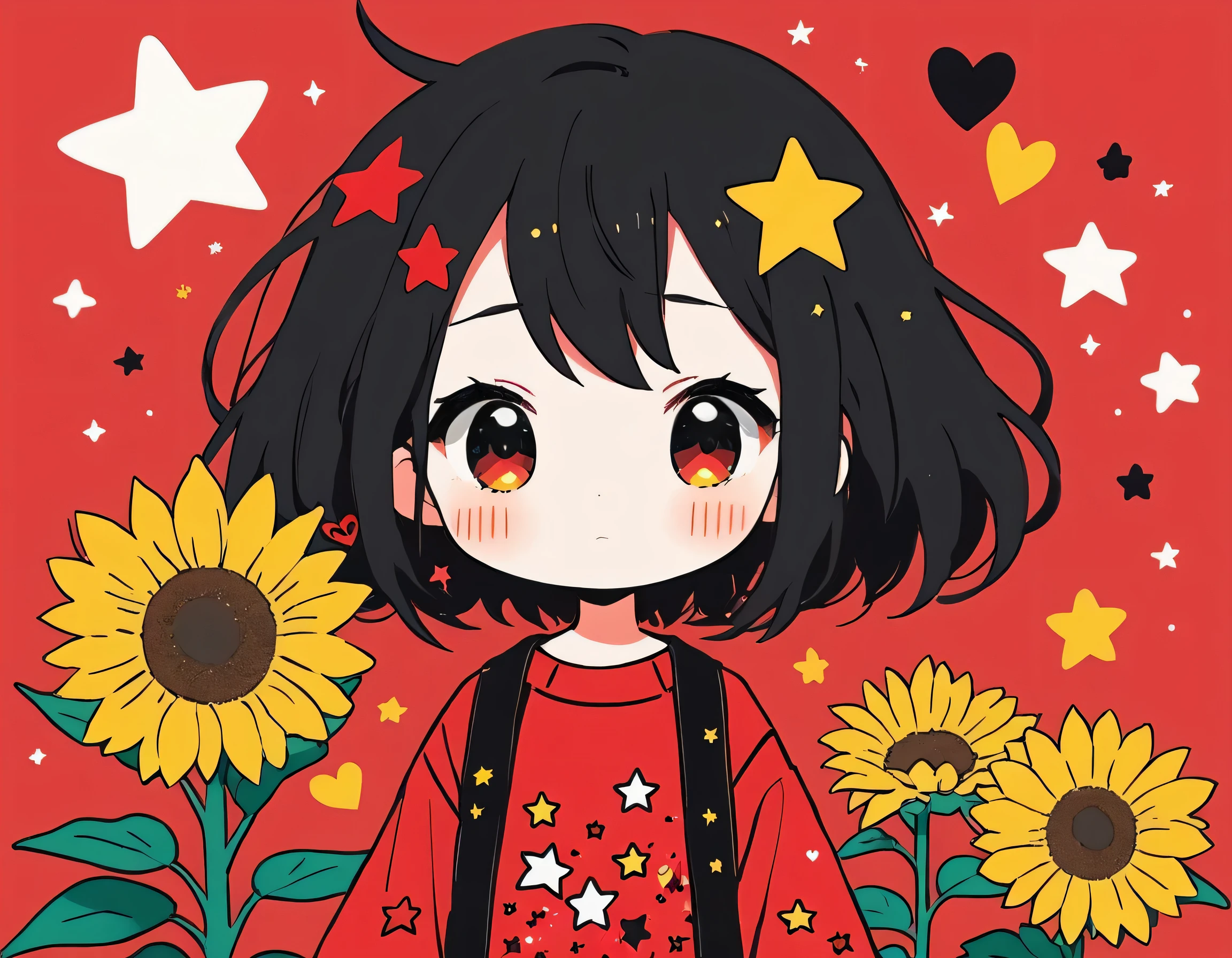 Black Star Red and White style, Simple Line Initialism,Abstract art,Kawaii Design, The most beautiful girl of all time、chibi, The background is star dust, colorful hearts, sunflowers,