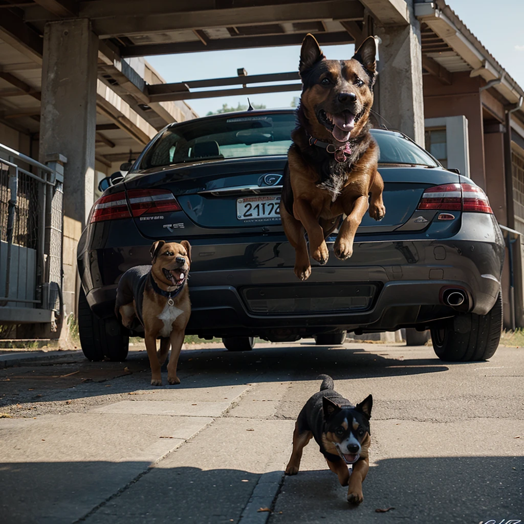 The dog ran between the cars biting the cover