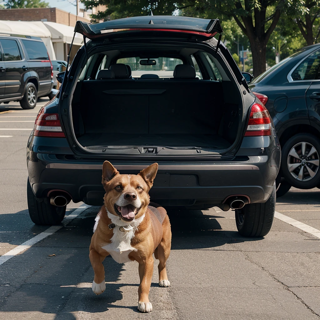 The dog ran between the cars biting the cover