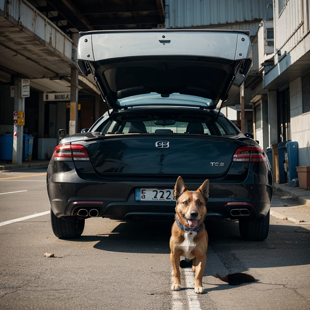 The dog ran between the cars biting the cover