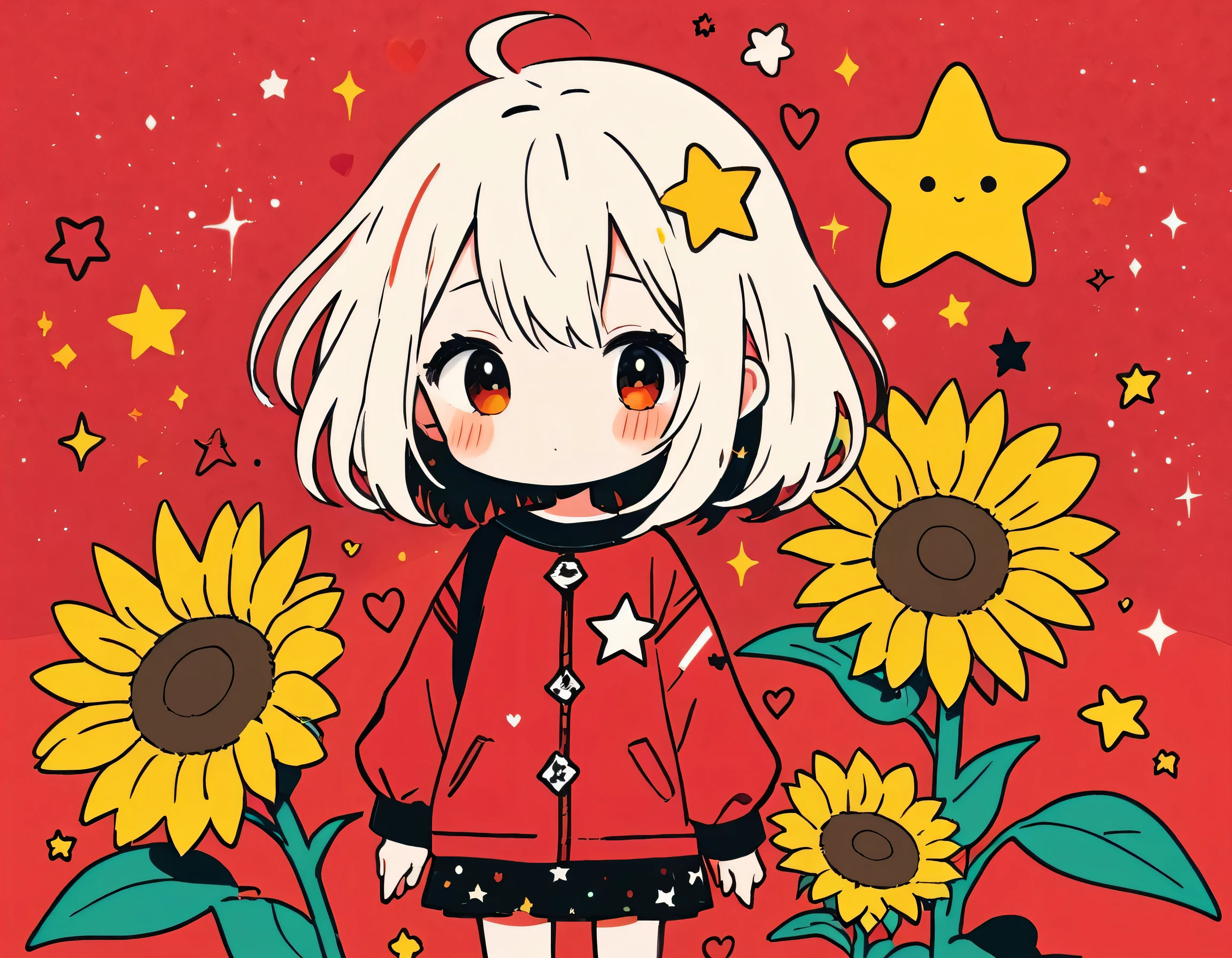 Black Star Red and White style, Simple Line Initialism，Abstract art，Kawaii Design, The most beautiful girl of all time、chibi, The background is star dust, colorful hearts, sunflowers, 