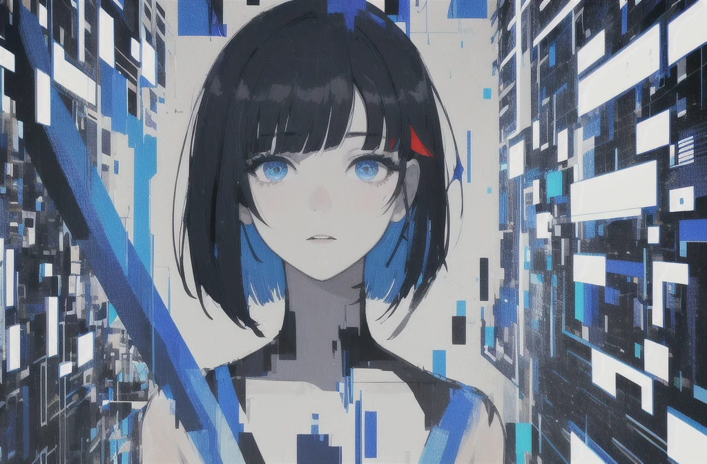 masterpiece, Highest quality, (Alexio:1.5), (Brush strokes, oil \(Moderate\):0.9), whole body、A girl with a short bob hairstyle, (Monochrome:0.6), Abstract, Abstract background, Blue Theme, Backlight, Portraiture, (Blurred:1), (Glitch:1.1), eye