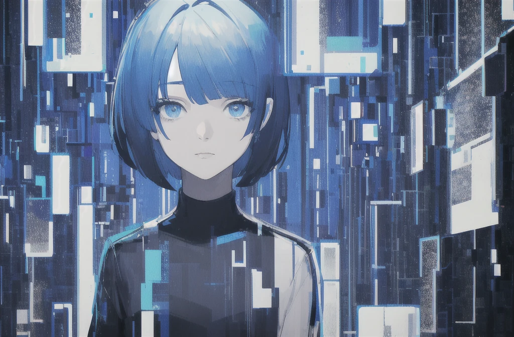 masterpiece, Highest quality, (Alexio:1.5), (Brush strokes, oil \(Moderate\):0.9), whole body、A girl with a short bob hairstyle, (Monochrome:0.6), Abstract, Abstract background, Blue Theme, Backlight, Portraiture, (Blurred:1), (Glitch:1.1), eye