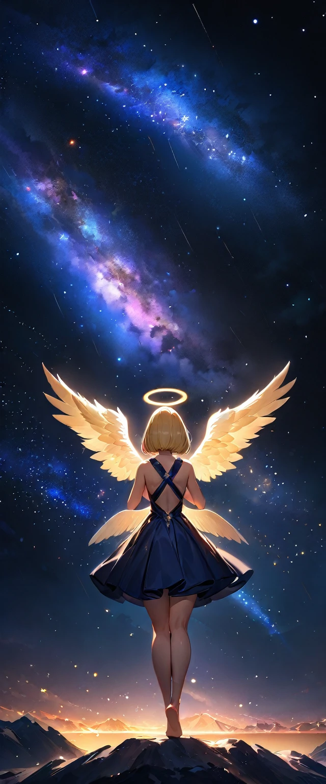 (((A meteor shower dancing in the night sky, countless stars twinkling in the clear air, a beautiful starry sky, the Milky Way shining beautifully in the night))), flying, (((with big angel wings on back))), halo, backless dress, looking up, mountain, wide shot, back shot, a girl, bob cut, bare legs, bare foot, blond hair, (best quality, 4K, 8K, highres, masterpiece:1.2, ultra-detailed, HDR, uhd, studio lighting, ultra-fine painting, sharp focus, physically-based rendering, extreme detail description, professional, vivid colors, bokeh)