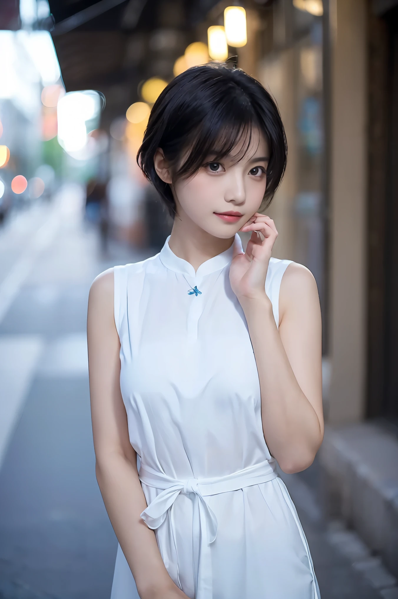In 8K,Highest quality,The real picture,Intricate details,Ultra-high resolution,Depth Field,Masseter muscle area,Natural soft light,Professional Lighting,1 Girl,(cute:1.2),Very beautiful 17 year old girl,Detailed eyes,((Iris)),(Blue black hair),(Short Hair),(Skin without bangs,Shiny skin,Pure white skin,Fine skin,Big and ample breasts,((Perfect Anatomy,Nice hands,Perfect hands,Five fingers connected to the palm,Precise needles without discomfort)),Perfect Bare Feet,Delicate legs,Perfect proportions,sexy,I can see your chest,((Aodai)),Lurking deep in the city,I can see the crotch,Showing your underwear on the street,Both legs are bent,Legs are spread in an M shape,,I can see your pants,Slender thighs when viewed from the front