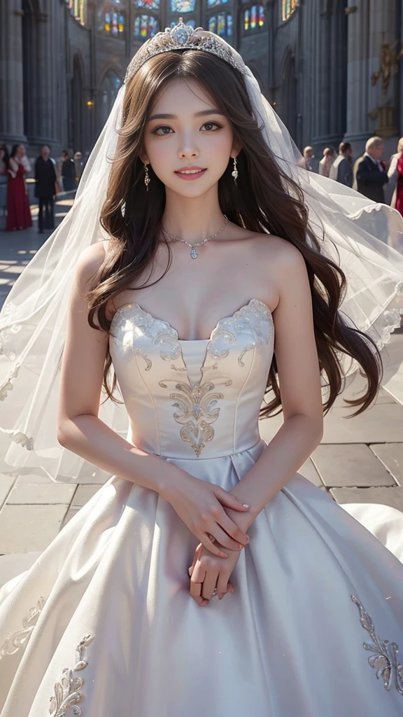 best quality, masterpiece, 1 girl, 5 fingers, long hair, huge laugh, cute teen, shiny lips, sweet, sun glare, Conservative attire, wedding dress, bridal tiara, depth of field, blurred background, Cathedral Background, light particles, strong wind, head tilt