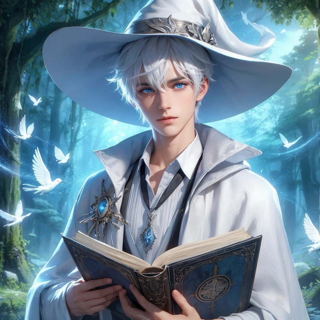 Handsome boy, white hair, blue eyes, wearing white witch hat, wearing white witch clothes, holding a white magic book, magic forest background