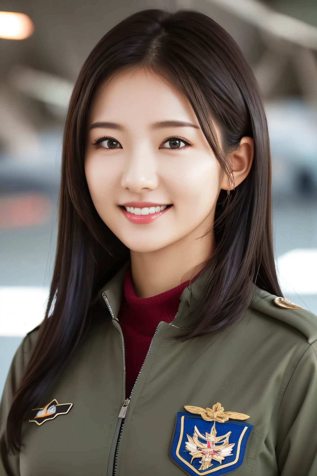 Female pilots in fighter jets、Beauty、Well-formed face、Age 25、Wearing an Air Force uniform、Walking on the runway at the airport、, black hair, straight hair, parted lips, nervous smile, Surrealism, cinematic lighting, tachi-e, first-person view, Nikon, UHD, masterpiece, anatomically correct, textured skin, high quality, award winning, best quality, highres, 8k