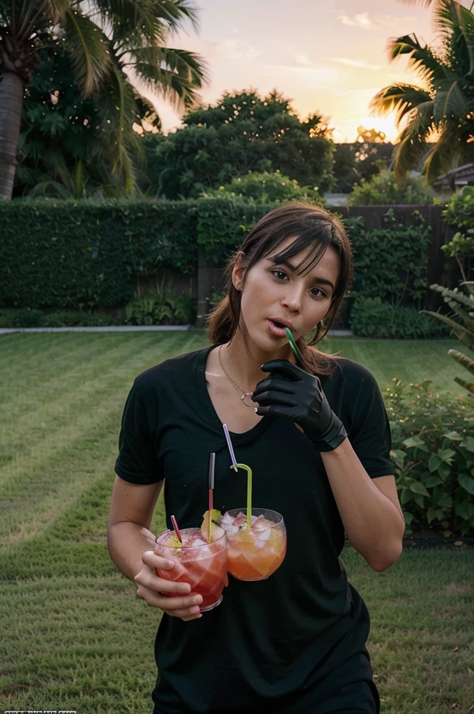 "F*ck It Bucket cocktail" holded by a man wearing black glove hand in a green beautiful yard with sunset, a picture like reddit amateur ones, taken by phone, really good camera like real with high detail, juicy and mouth watering that can go viral