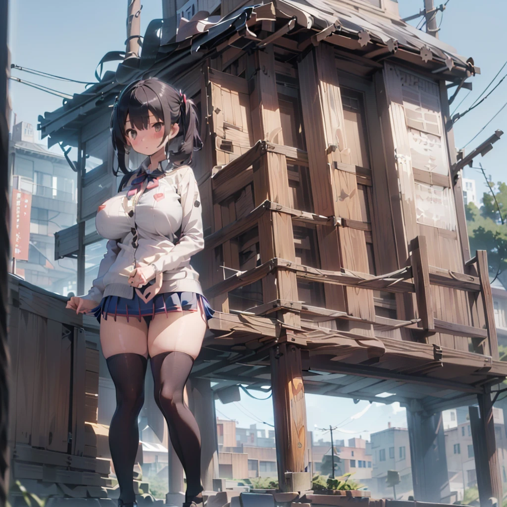 (1 girl standing:1.3), (solo:2.0), (huge giant perky breasts:2.0), (thin waist:1.3), (thin long thick fat legs:1.5), (black thighhighs:1.3), (very short miniskirt:1.8), nose blush, embarrassed, , cardigan