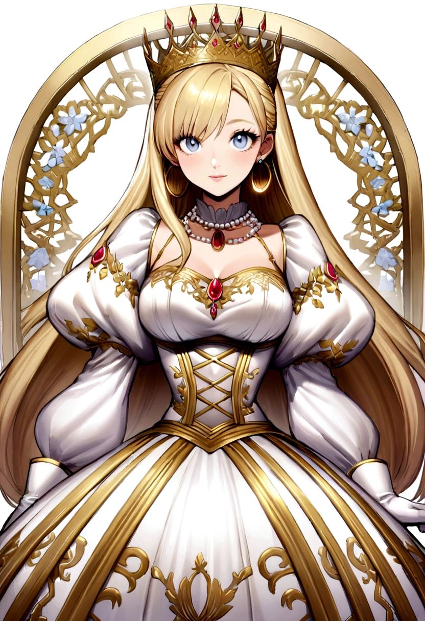 Art by John Tenniel, Formal Coronation Portrait, The stunningly beautiful young blonde Reese Witherspoon、Portrait of the Queen in a magnificent and elaborate Royal Cinderella court gown。 (((Huge puff sleeve))), Hourglass Waist, and (((Huge crinoline hoop skirt))) Decorated with ribbons, embroidery, gem, Long white gloves, Pearl necklaces and earrings