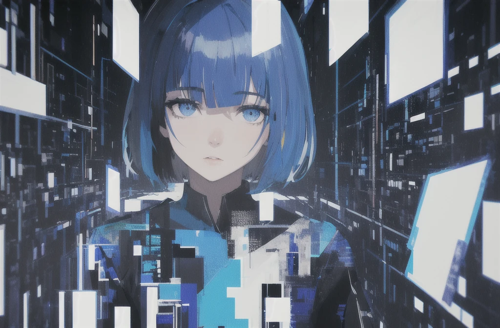 masterpiece, Highest quality, (Alexio:1.5), (Brush strokes, oil \(Moderate\):0.9), whole body、A girl with a short bob hairstyle, (Monochrome:0.6), Abstract, Abstract background, Blue Theme, Backlight, Portraiture, (Blurred:1), (Glitch:1.1), eye