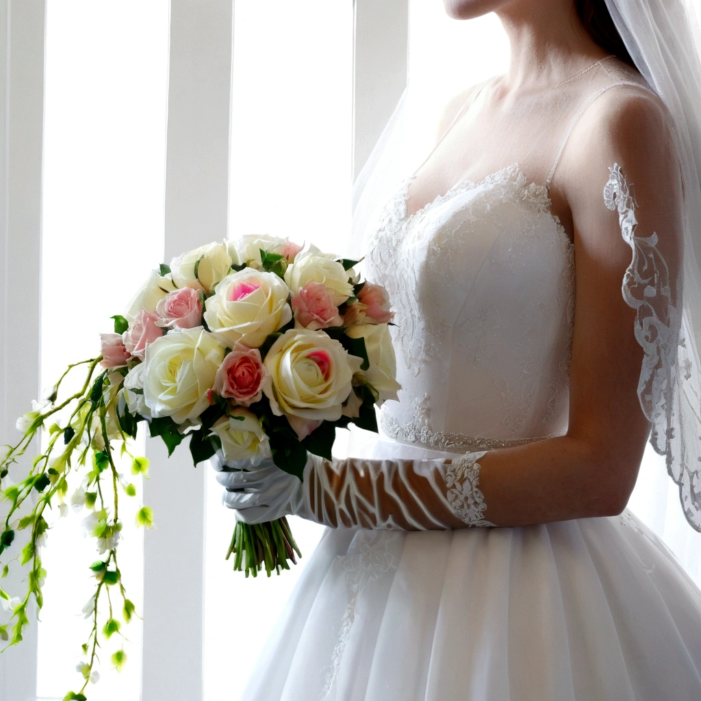 cinematographic style, cinematography, Tyndall effect, Bride with bouquet, wearing a pristine white wedding dress, close up, raytraced, rim lighting, hard shadow, (best quality,4k,8k,highres,masterpiece:1.2),ultra-detailed,(realistic,photorealistic,photo-realistic:1.37),UHD, HDR, studio lighting,ultra-fine painting,sharp focus,physically-based rendering,extreme detail description,professional,vivid colors,bokeh, film grain