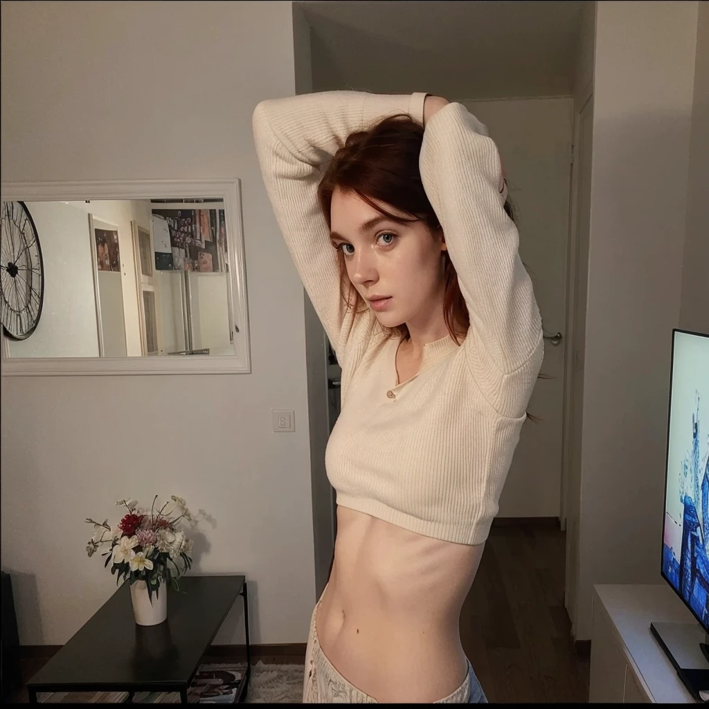 25-year-old Caucasian French girl with shoulder-length messy red hair, Captured in the best quality, this illustration serves as a 4K wallpaper
