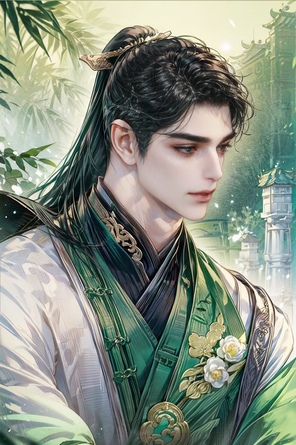 xianxia, (((best quality))),masterpiece,ultra high resolution,extraordinarily beautiful youth, a bright, villains smile,All green clothing,((boy 24 year old, green hanfu,green clothing, Chinese shirt style)) ,boy character ,((Thick black long hair)),beautiful face,detailed interior, detailed boy,((man)),(in bamboo forest), house China style, pure white lotus,beautiful and cute boy ,black eyes,((solo man)),(he has a Big eyes, charming lips, slim nose and small face),(boy slim figures ),ponytail and 冠, Hiogi fan,Japanese fan ,very long hair, thick hair, black hair ,eyes detailed,pony tails,boy,man


