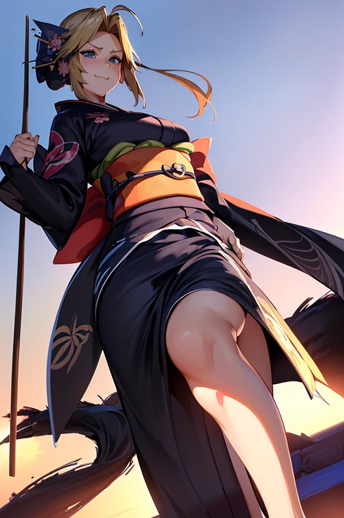 Masterpiece(woman,Huge ,Huge breasts:1.5, とても唇が赤いHuge breastsを強調,Big Ass,Narrow waist,Long legs,Greenish blue eyes ) 8K飛び散る汗:1.4 8K(((Naughty expression))) 8K(((Stick out your tongue a little))) 8K(((Gal))) 8K(((Staring at me))) 8((K(((Anime Style,A floppy smile,What we are looking for,Face mischievous face,The facial expression is accurate:1.3))))) 8K(((Anime Style,The facial expression is accurate))) 8K(((((Wearing a black kimono:1.5))))) 8K(hairpin :1.3 ), 8K(((((Angle from below:1.5))))
