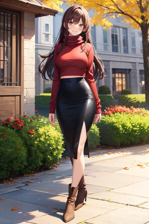1girl, woman wearing red long sleeved sweater shirt, crop top, tight midi pencil skirt black, long length pencil skirt, modest skirt, long brown hair, looking at viewer, full body, walking, smile, blush, boots, garden, fall, leaves, scarf
