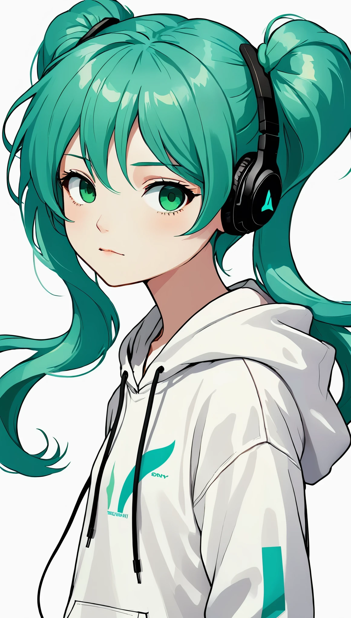 Headphones、Sony、Green Hair、Twin tails、Hatsune Miku、Close ~ eyes、White hoodie、Upper Body、Simple Background、Girl、
