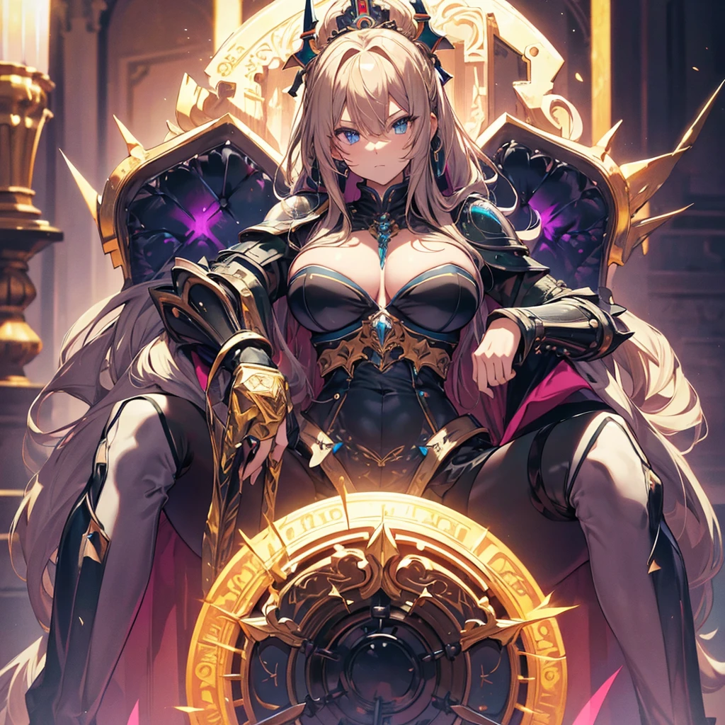 (waifu), ((giant throne)), ((huge throne)), marle barrock, ((long hair)), more background, medieval, (full body), (high resolution), (high res), great quality, mature, perfect eyes, strong shadows, detailed face, detailed abs, direct light, under light, strong jaw, massive ass, neon lights, thick thighs, long torso, wide waist, skinny torso, fit, perfect face, neon light, (tight armor), (colorful vibrant light), messy hair, black armor,