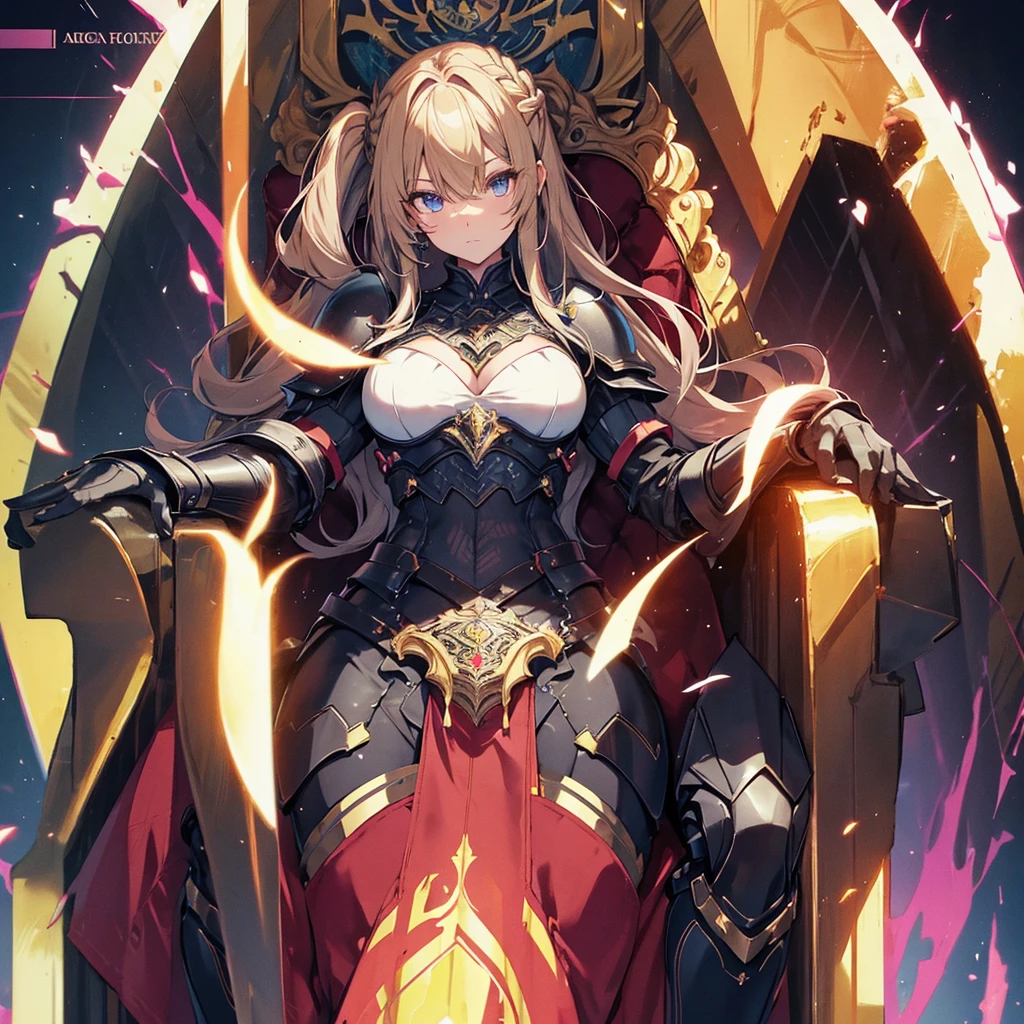 (waifu), ((giant throne)), ((huge throne)), marle barrock, ((long hair)), more background, medieval, (full body), (high resolution), (high res), great quality, mature, perfect eyes, strong shadows, detailed face, detailed abs, direct light, under light, strong jaw, massive ass, neon lights, thick thighs, long torso, wide waist, skinny torso, fit, perfect face, neon light, (tight armor), (colorful vibrant light), messy hair, black armor,