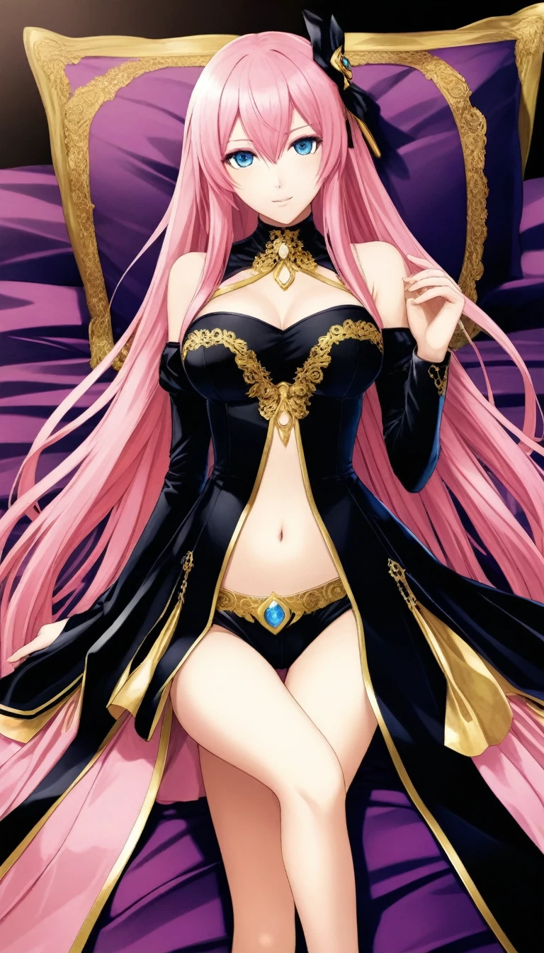 Official Art:1.5,１Man Beautiful Adult Woman,Vocaloid Megurine Luka:2.0,Pink long hair,blue eyes,Big Breasts,Official black and gold costume,lure:2.0,bed, 