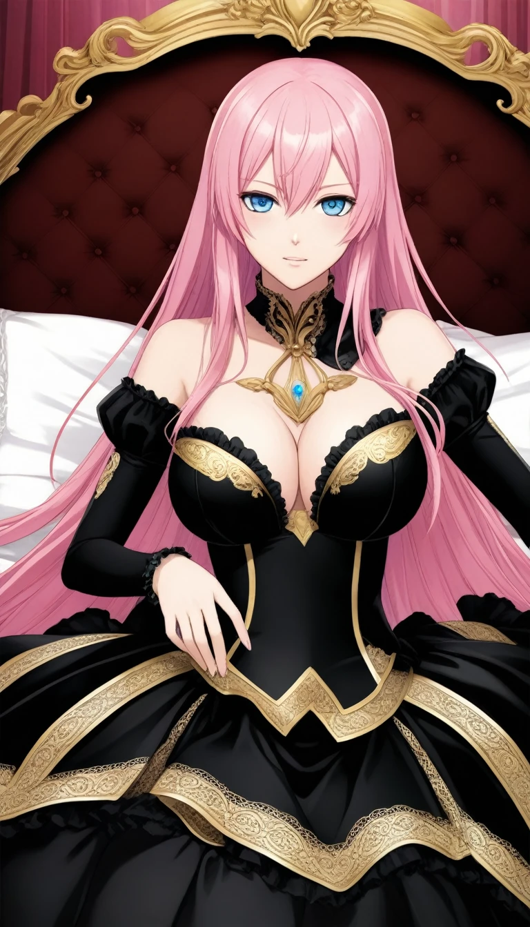 Official Art:1.5,１Man Beautiful Adult Woman,Vocaloid Megurine Luka:2.0,Pink long hair,blue eyes,Big Breasts,Official black and gold costume,lure:2.0,bed, 