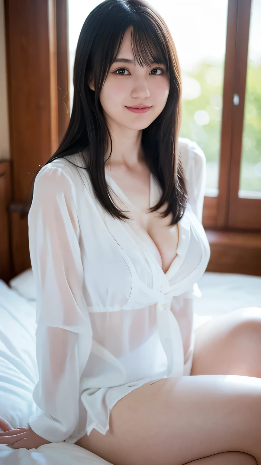 masterpiece, Highest quality, 8K,Ultra-high resolution、(((Head to knee photo)))、 22 years old, Large Breasts, cute, alone, smile、 cute, girly, cute、Delicate girl, Pure beauty,  RAW Photos, Professional photography, Soft Light, Professional Lighting, Backlight, Looking into the camera, Sophisticated, Film Grain, (Eye and facial details:1.0), Floating Hair、Messy Hair、Wavy long hair、,Asymmetrical bangs, Round face、Young Face、(Large Breasts:1.4)、I can see her cleavage、Nipple protrusions are clearly visible:1.6、(((lightweight white blouse)))、Voluptuous thighs、Translucent white skin、dolly make、(Heterochromia iridis、The left and right eyes are different colors)