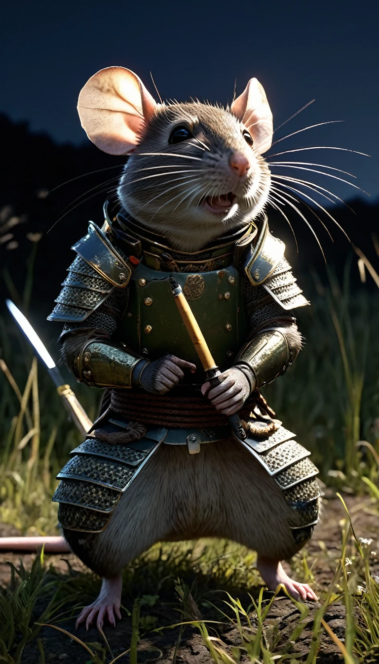 masterpiece, (Super detailed), (Animal anthropomorphism),mouse or rat, good looking, Japanese Armor,knife、 Dim lighting, cigarette, Shadow, Night grassland battlefield, Highest quality, Single Focus, (skimming: 1.1), Muscular man, whole body, Complex (High detail: 1.1) Unreal Engine.multiple、