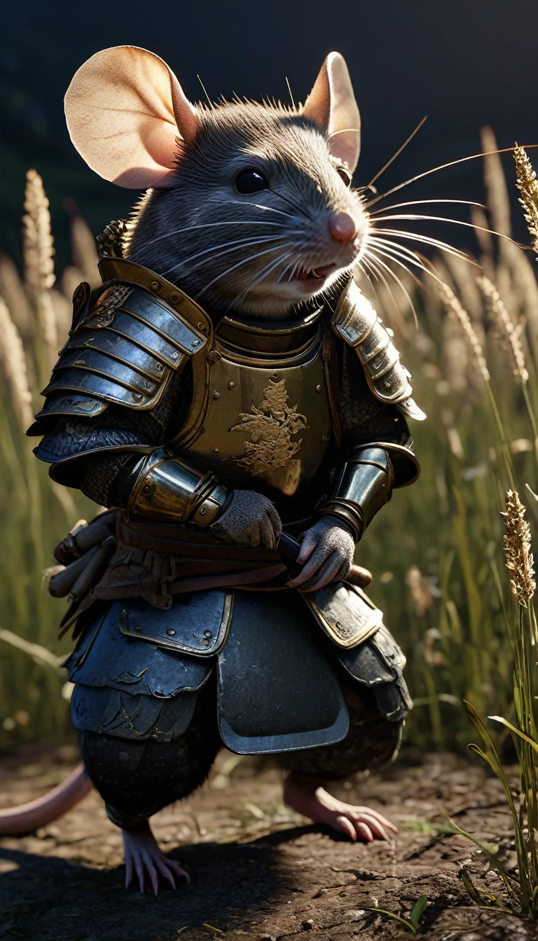masterpiece, (Super detailed), (Animal anthropomorphism),mouse or rat, good looking, Japanese Armor,knife、 Dim lighting, cigarette, Shadow, Night grassland battlefield, Highest quality, Single Focus, (skimming: 1.1), Muscular man, whole body, Complex (High detail: 1.1) Unreal Engine.multiple、