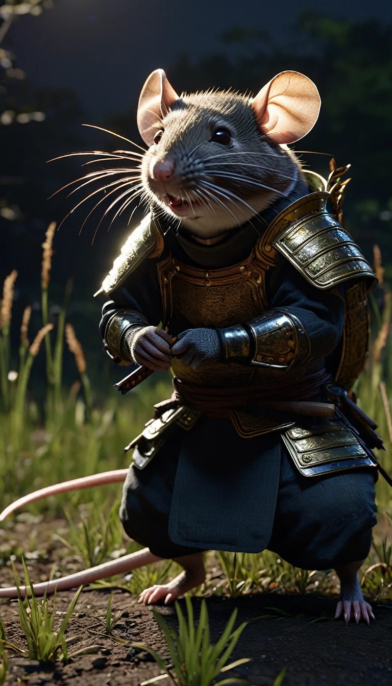masterpiece, (Super detailed), (Animal anthropomorphism),mouse or rat, good looking, Japanese Armor,knife、 Dim lighting, cigarette, Shadow, Night grassland battlefield, Highest quality, Single Focus, (skimming: 1.1), Muscular man, whole body, Complex (High detail: 1.1) Unreal Engine.multiple、