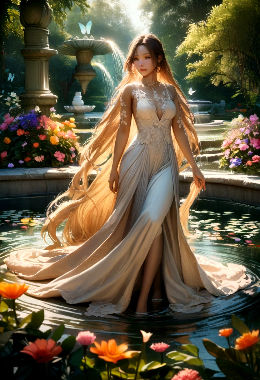 a beautiful woman in a lush garden, long flowing hair, porcelain skin, elegant dress, serene expression, sunlight filtering through trees, colorful flowers, butterflies, tranquil pond, ornate stone fountain, warm color palette, cinematic lighting, photorealistic, highly detailed, intricate textures, masterpiece