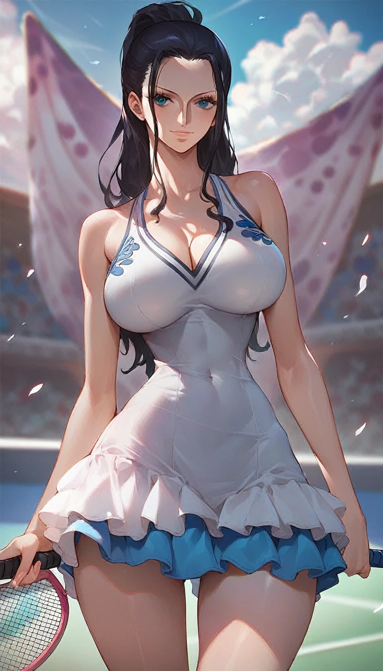 score_9, score_8_up, score_7_up beautiful aesthetic, very intricate, high quality details,sexy tennis girl,girl holding tennis racket,(girl wearing tennis clothes),nico robin \(one piece\),source_anime