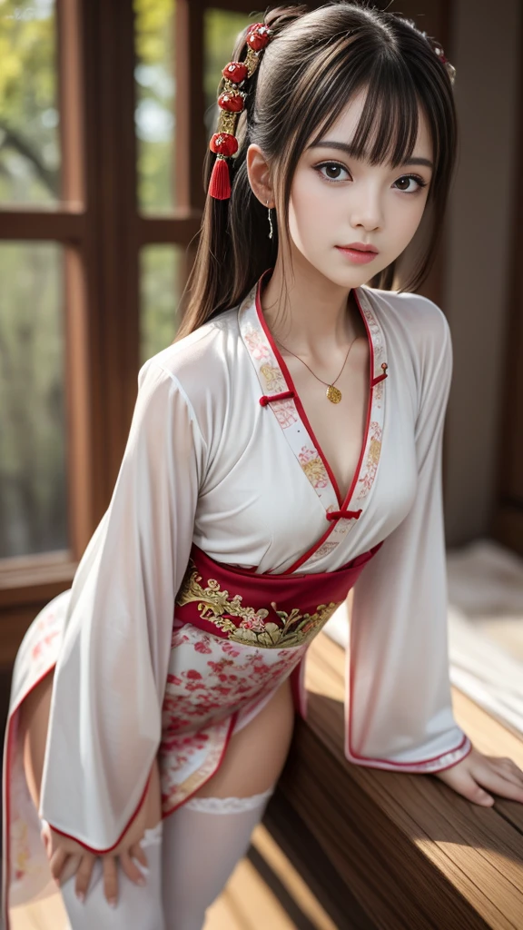 (Great quality, masterpiece:1.2, 8K, RAW Photos), High Resolution, (One beautiful girl, Idol:1.5), blush, (Captivating smile:0.8), Star Student, ((chinese hanfu:1.2)), hair accessory, necklace, jewelry, beauty, Slender body line, Beautiful breasts, Tight waist, (Small beautiful butt, Slim and beautiful thighs), Tyndall effect, Realistic, Shadow Room, Light Edge, (Skin with attention to detail: 1.2), 8K ウルトラHD, SLR, Soft Light, Volumetric lighting, snap shot, Background Blur, real person, (Detailed eyes and face:1.3, Professional photography techniques), (Detailed hands and legs:1.2), (Beautiful little hands of a girl:1.3)